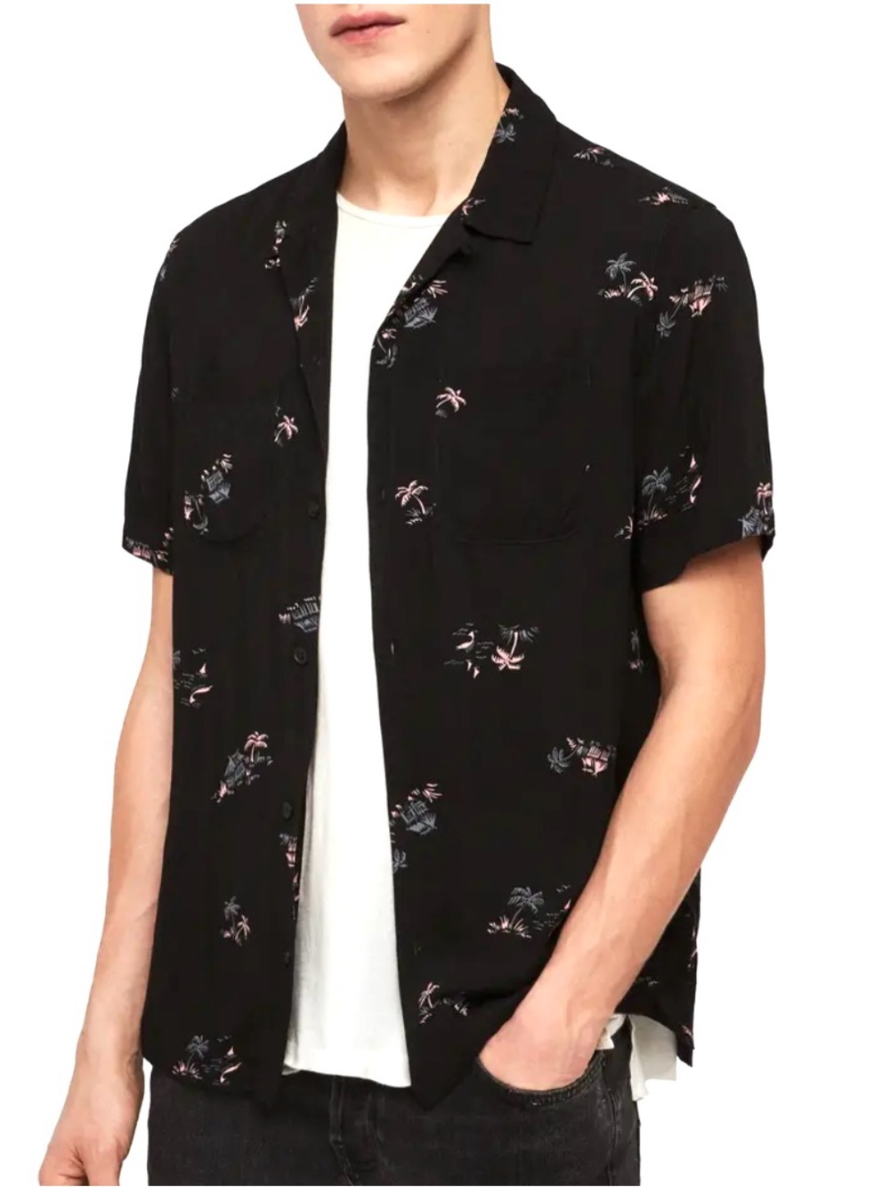 AllSaints Men's Black Short-Sleeve Button Collar Shirt with Island trees, Size L